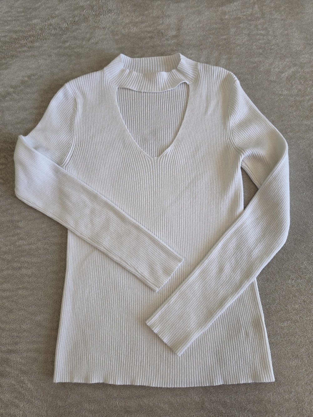 Ambiance White Ribbed V-Neck Cutout Sweater